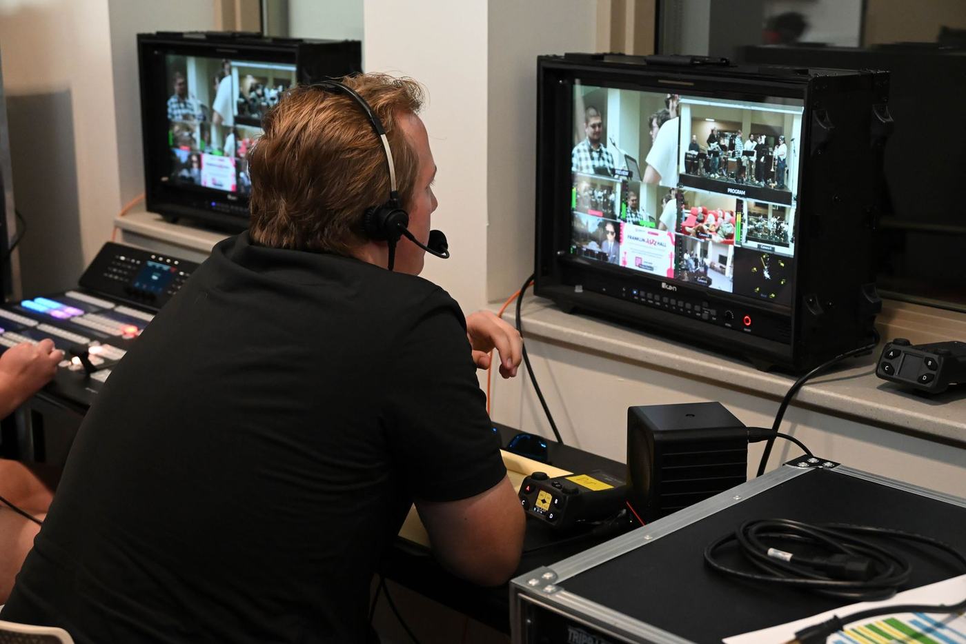 Dylan directing from the flypack, watching the multiviewer during Franklin Jazz Hall